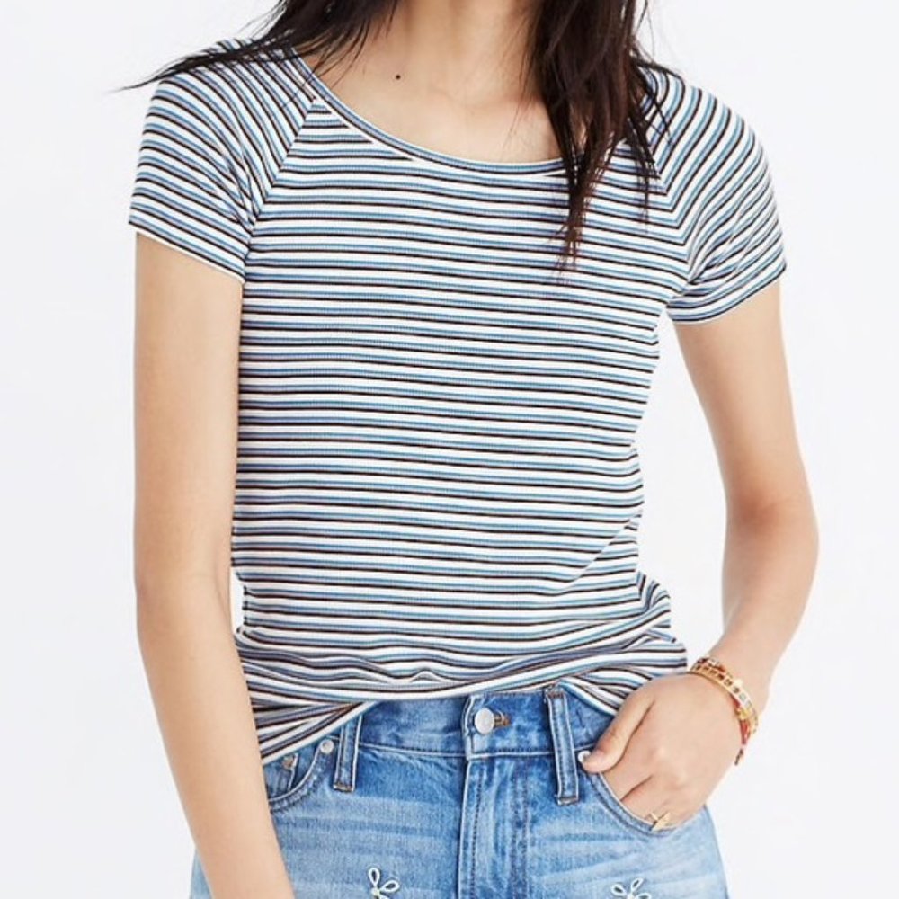 MADEWELL BLUE WHITE STRIPED TOP RIBBED TEE SHIRT